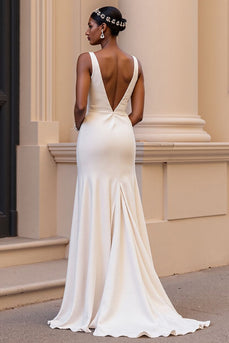 Simple Ivory Satin V-Neck Sweep Train Sheath Wedding Dress with Slit