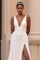 Load image into Gallery viewer, Simple Ivory Satin V-Neck Sweep Train Sheath Wedding Dress with Slit