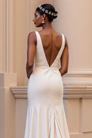 Load image into Gallery viewer, Simple Ivory Satin V-Neck Sweep Train Sheath Wedding Dress with Slit