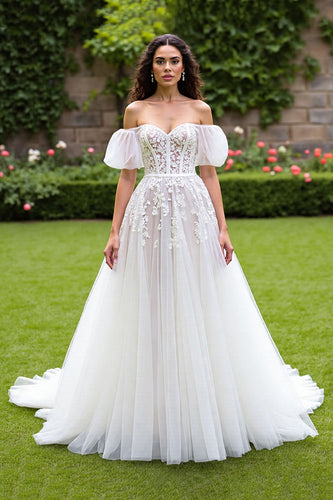 Ivory Tulle Puff Sleeves Sweep Train Corset Wedding Dress with Appliques