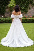 Load image into Gallery viewer, Ivory Tulle Puff Sleeves Sweep Train Corset Wedding Dress with Appliques
