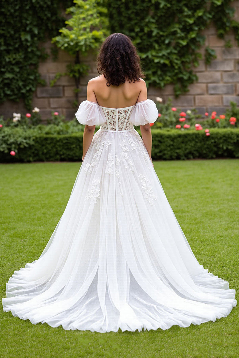 Load image into Gallery viewer, Ivory Tulle Puff Sleeves Sweep Train Corset Wedding Dress with Appliques