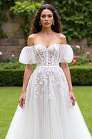 Load image into Gallery viewer, Ivory Tulle Puff Sleeves Sweep Train Corset Wedding Dress with Appliques