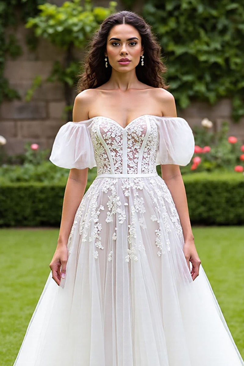 Load image into Gallery viewer, Ivory Tulle Puff Sleeves Sweep Train Corset Wedding Dress with Appliques