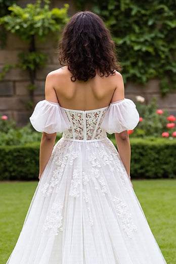 Ivory Tulle Puff Sleeves Sweep Train Corset Wedding Dress with Appliques