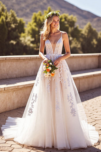 Deep V-Neck Ivory Backless Corset Wedding Dress with Appliques