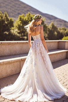 Deep V-Neck Ivory Backless Corset Wedding Dress with Appliques