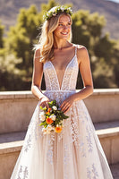 Load image into Gallery viewer, Deep V-Neck Ivory Backless Corset Wedding Dress with Appliques