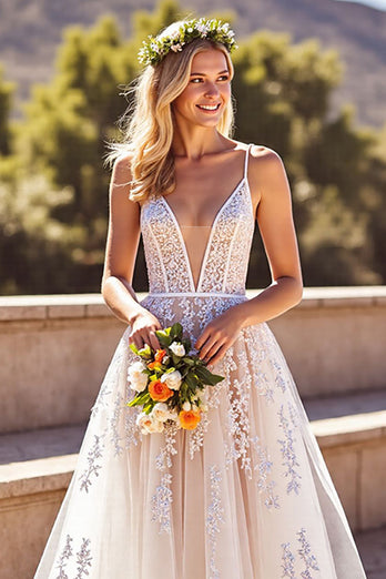 Deep V-Neck Ivory Backless Corset Wedding Dress with Appliques