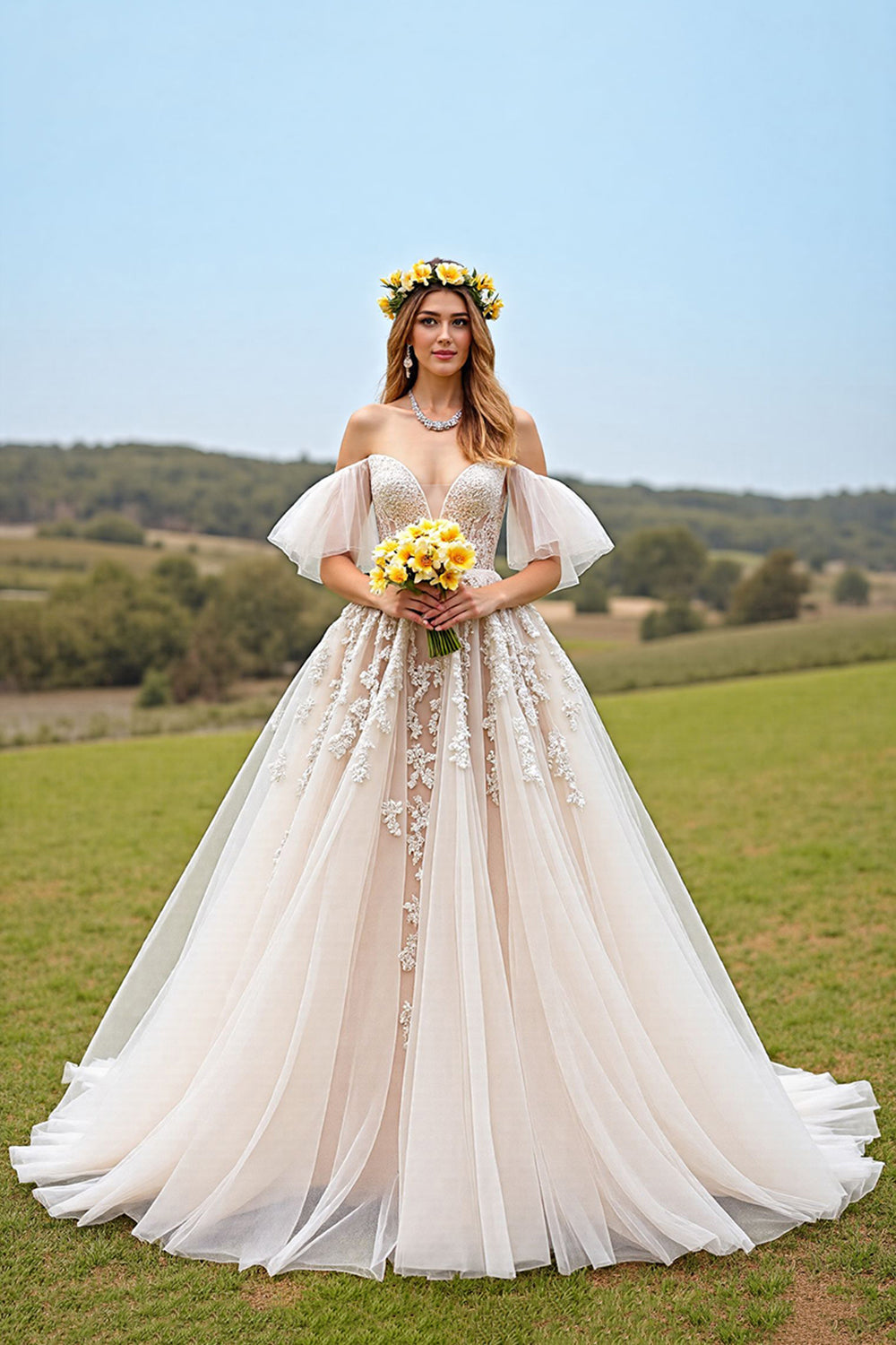 Apricot Tulle Ball Gown Ruffled Sweep Train Wedding Dress with Appliques