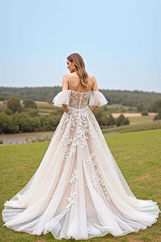 Apricot Tulle Ball Gown Ruffled Sweep Train Wedding Dress with Appliques