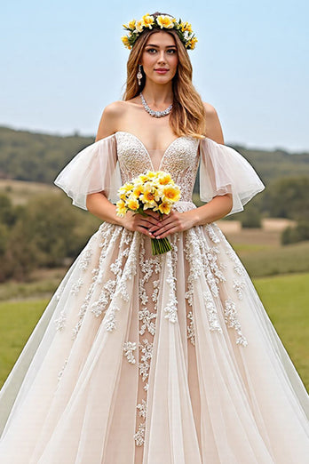 Apricot Tulle Ball Gown Ruffled Sweep Train Wedding Dress with Appliques