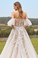 Load image into Gallery viewer, Apricot Tulle Ball Gown Ruffled Sweep Train Wedding Dress with Appliques