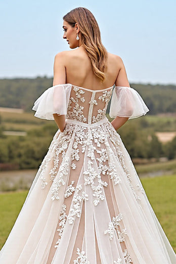 Apricot Tulle Ball Gown Ruffled Sweep Train Wedding Dress with Appliques