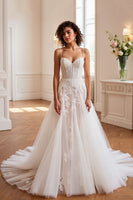 Load image into Gallery viewer, Ivory Tulle A Line Sweep Train Wedding Dress with Appliques