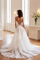 Load image into Gallery viewer, Ivory Tulle A Line Sweep Train Wedding Dress with Appliques
