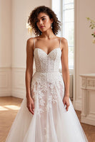 Load image into Gallery viewer, Ivory Tulle A Line Sweep Train Wedding Dress with Appliques