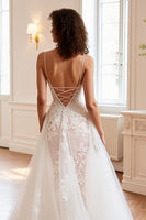 Load image into Gallery viewer, Ivory Tulle A Line Sweep Train Wedding Dress with Appliques