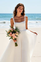 Load image into Gallery viewer, Ivory Chiffon Scoop Neck A Line Sweep Train Wedding Dress