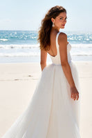 Load image into Gallery viewer, Ivory Chiffon Scoop Neck A Line Sweep Train Wedding Dress
