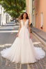 Load image into Gallery viewer, Ivory Tulle Deep V-Neck A Line Sweep Train Wedding Dress