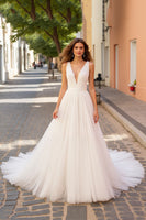 Load image into Gallery viewer, Ivory Tulle Deep V-Neck A Line Sweep Train Wedding Dress