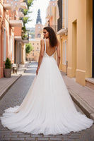 Load image into Gallery viewer, Ivory Tulle Deep V-Neck A Line Sweep Train Wedding Dress