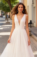Load image into Gallery viewer, Ivory Tulle Deep V-Neck A Line Sweep Train Wedding Dress