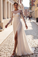 Load image into Gallery viewer, Ivory Illusion Neck Chiffon Long Wedding Dress with Slit