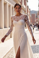 Load image into Gallery viewer, Ivory Illusion Neck Chiffon Long Wedding Dress with Slit