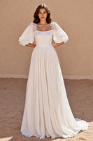 Load image into Gallery viewer, Ivory A Line Chiffon Sweep Train Wedding Dress with Puff Sleeves