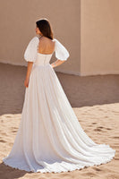 Load image into Gallery viewer, Ivory A Line Chiffon Sweep Train Wedding Dress with Puff Sleeves