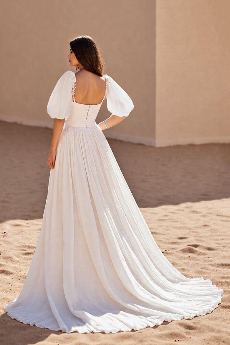 Load image into Gallery viewer, Ivory A Line Chiffon Sweep Train Wedding Dress with Puff Sleeves