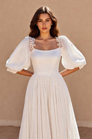 Load image into Gallery viewer, Ivory A Line Chiffon Sweep Train Wedding Dress with Puff Sleeves
