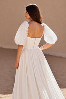 Load image into Gallery viewer, Ivory A Line Chiffon Sweep Train Wedding Dress with Puff Sleeves