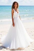Load image into Gallery viewer, Ivory A Line Tulle V-Neck Backless Sweep Train Wedding Dress