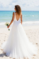 Load image into Gallery viewer, Ivory A Line Tulle V-Neck Backless Sweep Train Wedding Dress