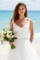 Load image into Gallery viewer, Ivory A Line Tulle V-Neck Backless Sweep Train Wedding Dress