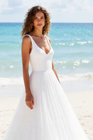 Load image into Gallery viewer, Ivory A Line Tulle V-Neck Backless Sweep Train Wedding Dress