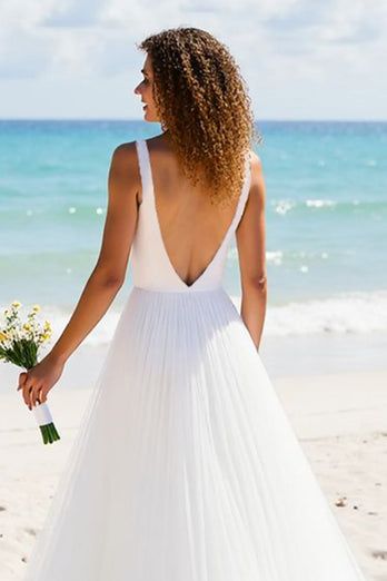 Ivory A Line Tulle V-Neck Backless Sweep Train Wedding Dress
