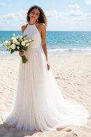 Load image into Gallery viewer, Ivory A Line Tulle Halter Backless Sweep Train Wedding Dress