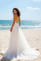 Load image into Gallery viewer, Ivory A Line Tulle Halter Backless Sweep Train Wedding Dress
