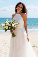 Load image into Gallery viewer, Ivory A Line Tulle Halter Backless Sweep Train Wedding Dress