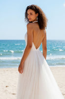 Load image into Gallery viewer, Ivory A Line Tulle Halter Backless Sweep Train Wedding Dress