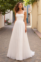 Load image into Gallery viewer, Ivory A Line Tulle Square Neck Sweep Train Wedding Dress