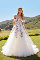 Load image into Gallery viewer, Ivory Corset Tulle Off the Shoulder Sweep Train Floral Wedding Dress