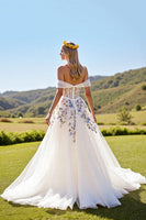 Load image into Gallery viewer, Ivory Corset Tulle Off the Shoulder Sweep Train Floral Wedding Dress