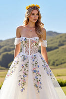 Load image into Gallery viewer, Ivory Corset Tulle Off the Shoulder Sweep Train Floral Wedding Dress