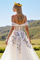 Load image into Gallery viewer, Ivory Corset Tulle Off the Shoulder Sweep Train Floral Wedding Dress