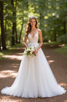Load image into Gallery viewer, Ivory Tulle A Line Corset Sweep Train V-Neck Wedding Dress with Lace